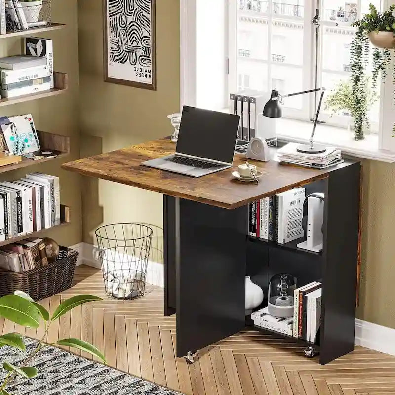 Drop Leaf Folding Dining Table with Wheels and Storage Shelves