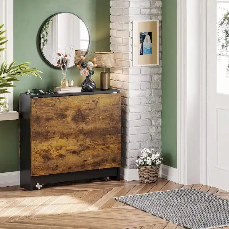 Drop Leaf Folding Dining Table with Wheels and Storage Shelves