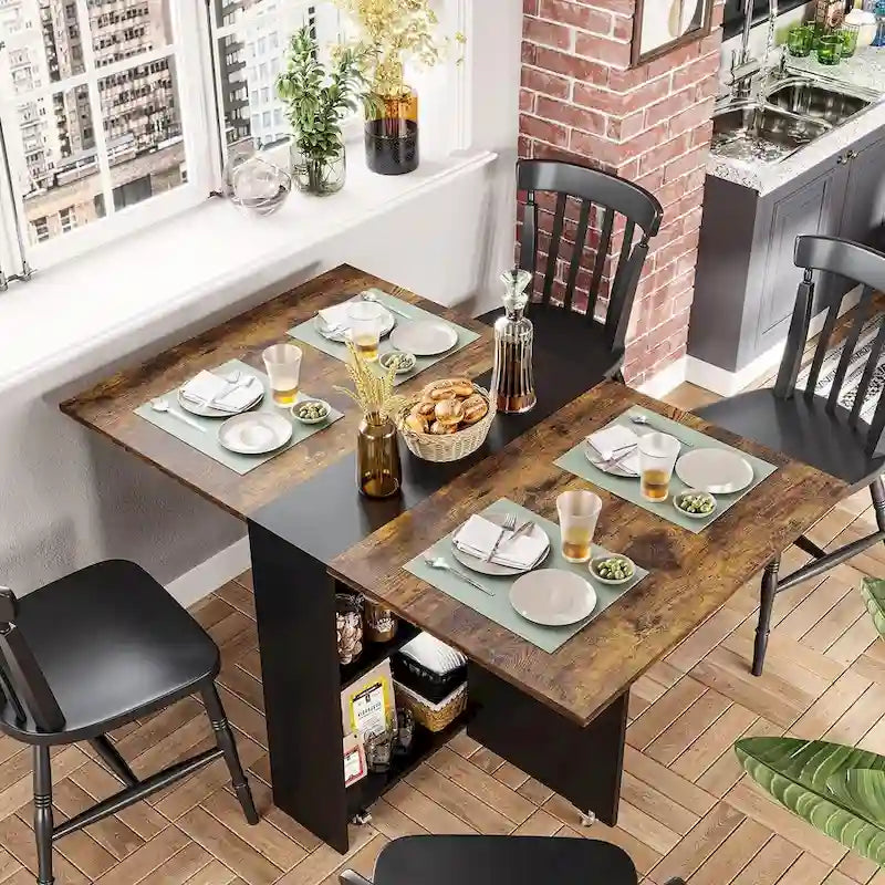 Drop Leaf Folding Dining Table with Wheels and Storage Shelves