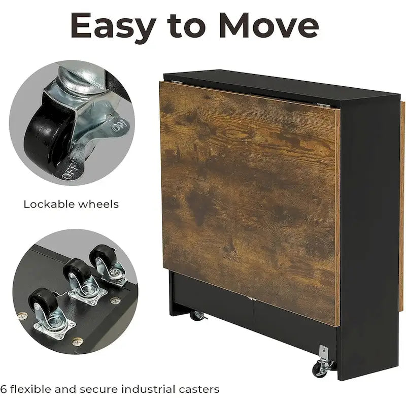 Drop Leaf Folding Dining Table with Wheels and Storage Shelves