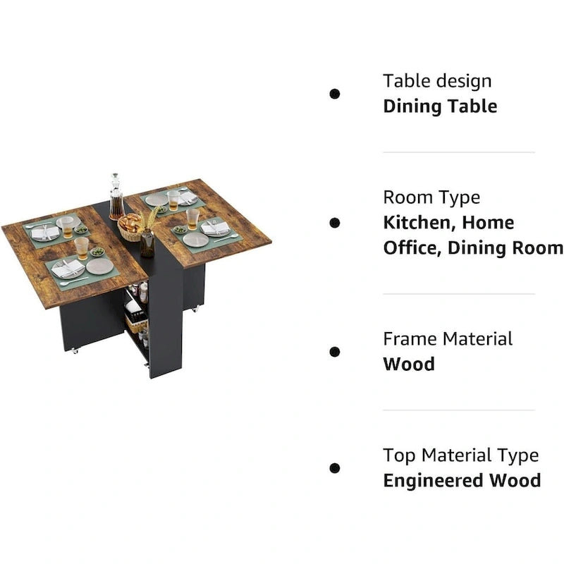 Drop Leaf Folding Dining Table with Wheels and Storage Shelves