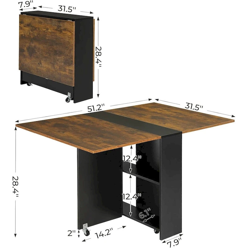 Drop Leaf Folding Dining Table with Wheels and Storage Shelves