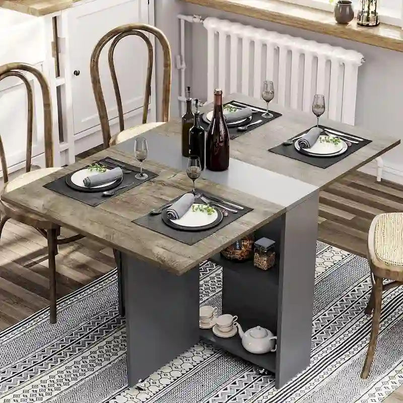Drop Leaf Folding Dining Table with Wheels and Storage Shelves