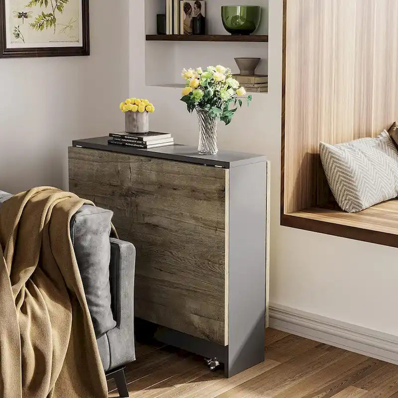Drop Leaf Folding Dining Table with Wheels and Storage Shelves