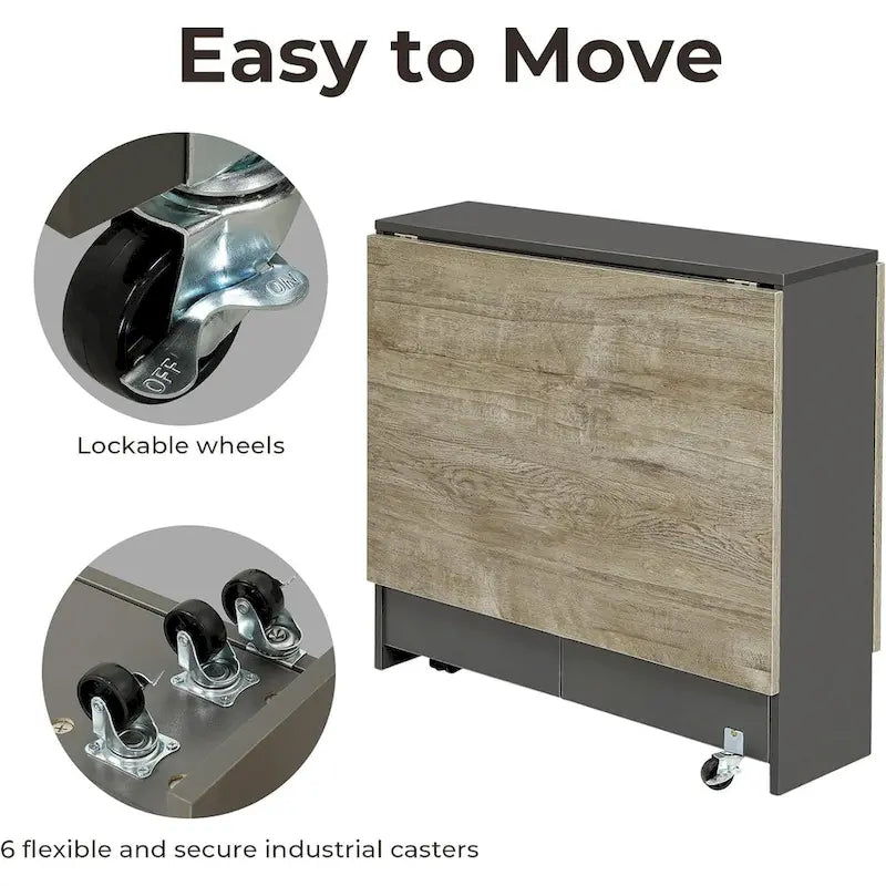 Drop Leaf Folding Dining Table with Wheels and Storage Shelves