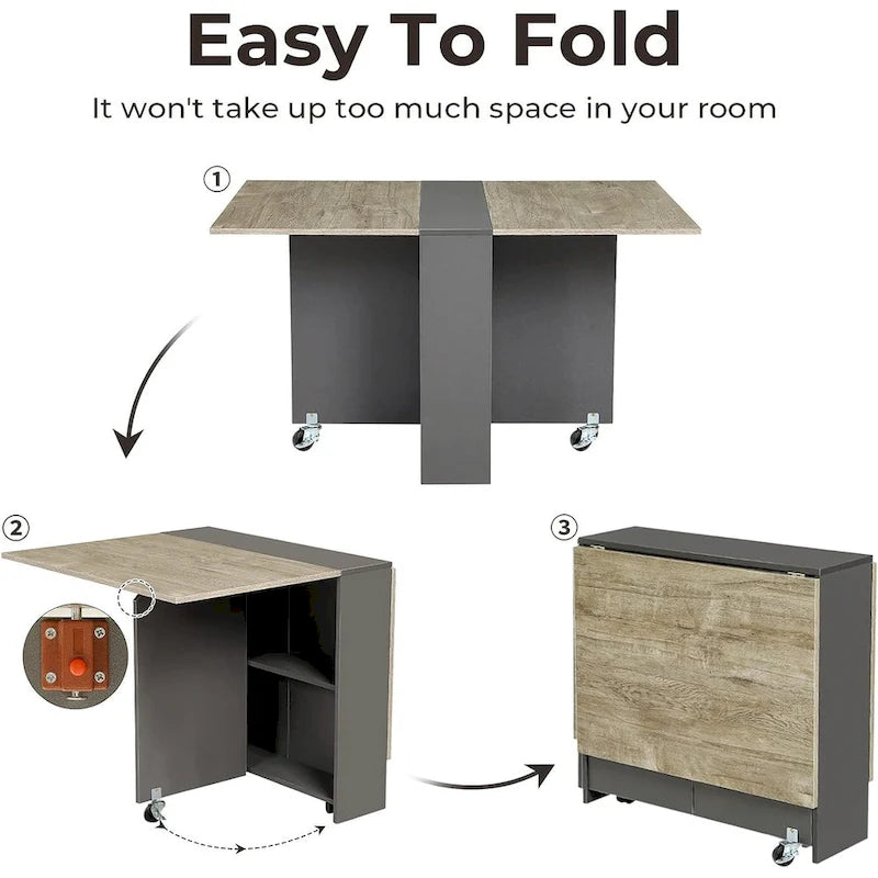 Drop Leaf Folding Dining Table with Wheels and Storage Shelves