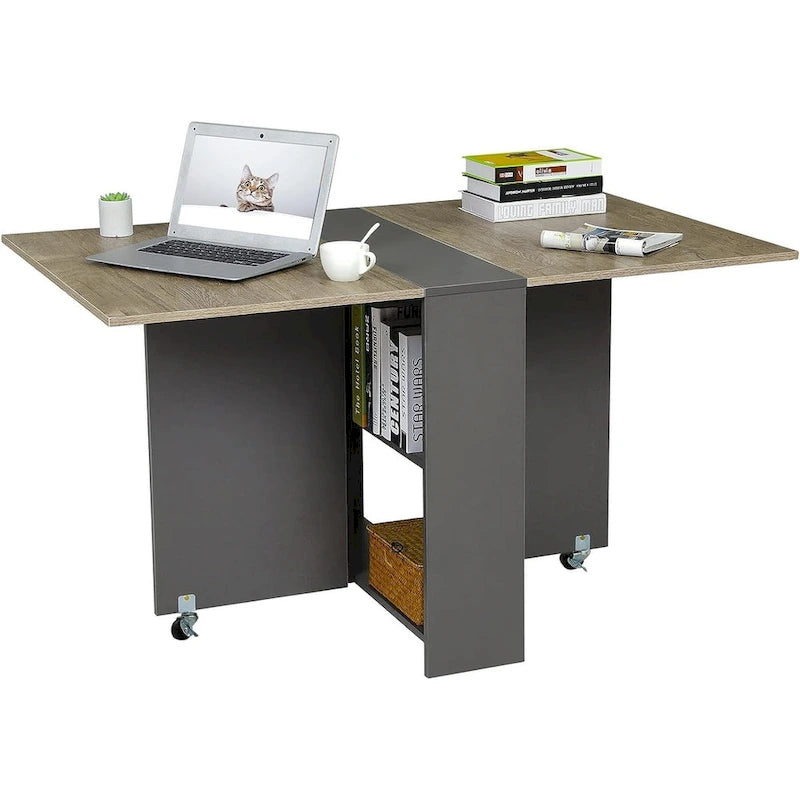 Drop Leaf Folding Dining Table with Wheels and Storage Shelves