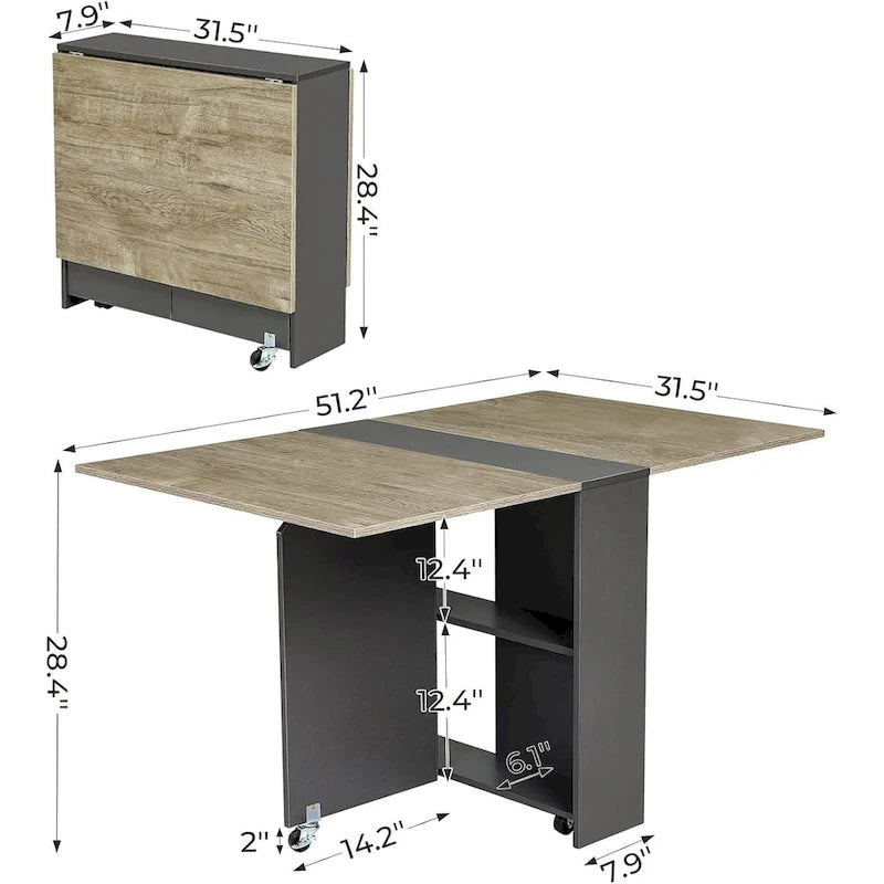 Drop Leaf Folding Dining Table with Wheels and Storage Shelves