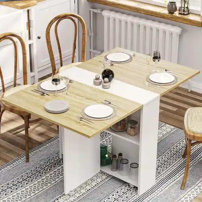 Drop Leaf Folding Dining Table with Wheels and Storage Shelves