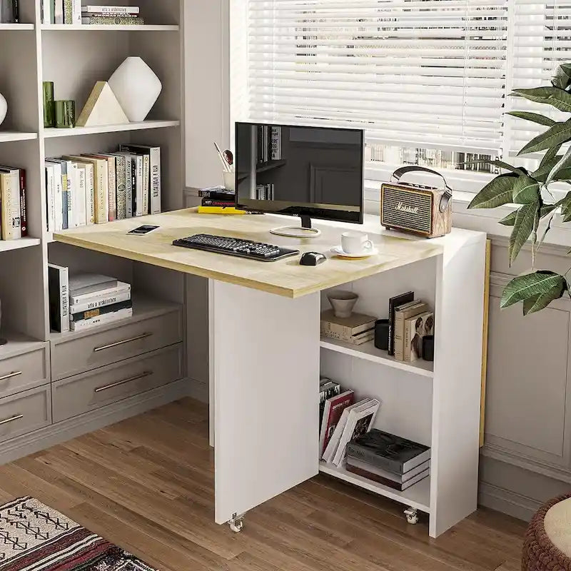 Drop Leaf Folding Dining Table with Wheels and Storage Shelves