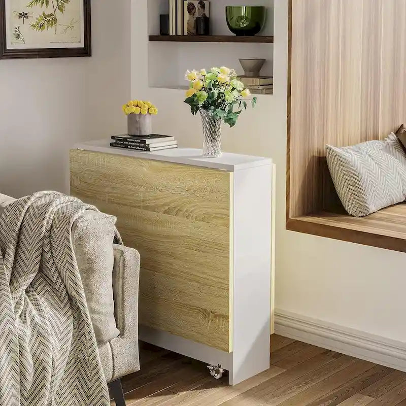 Drop Leaf Folding Dining Table with Wheels and Storage Shelves