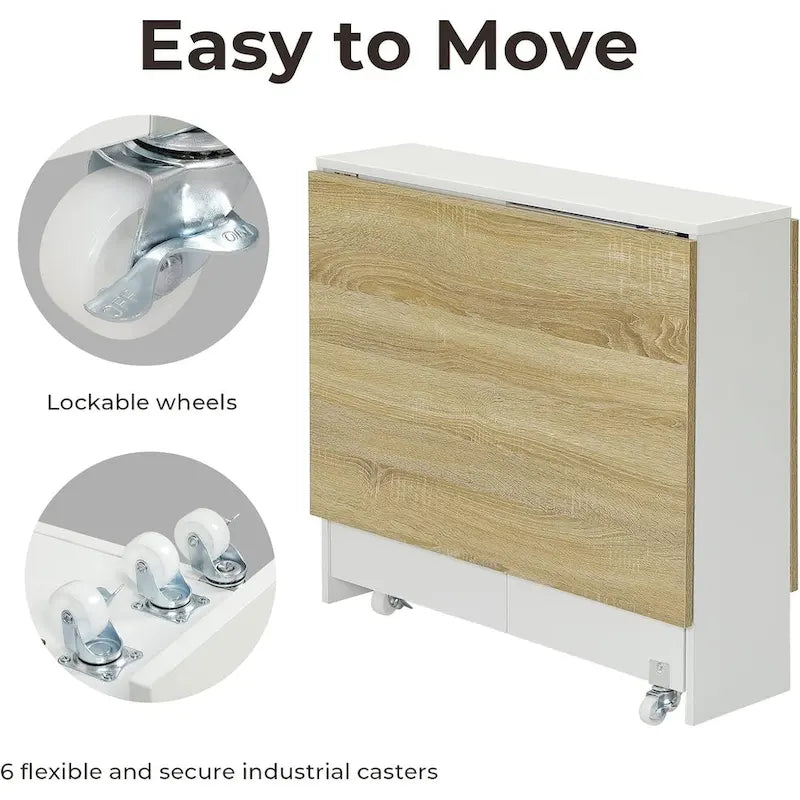 Drop Leaf Folding Dining Table with Wheels and Storage Shelves