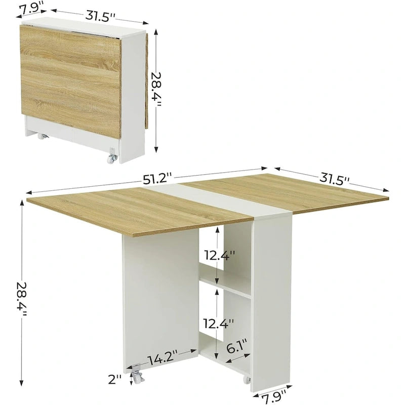 Drop Leaf Folding Dining Table with Wheels and Storage Shelves