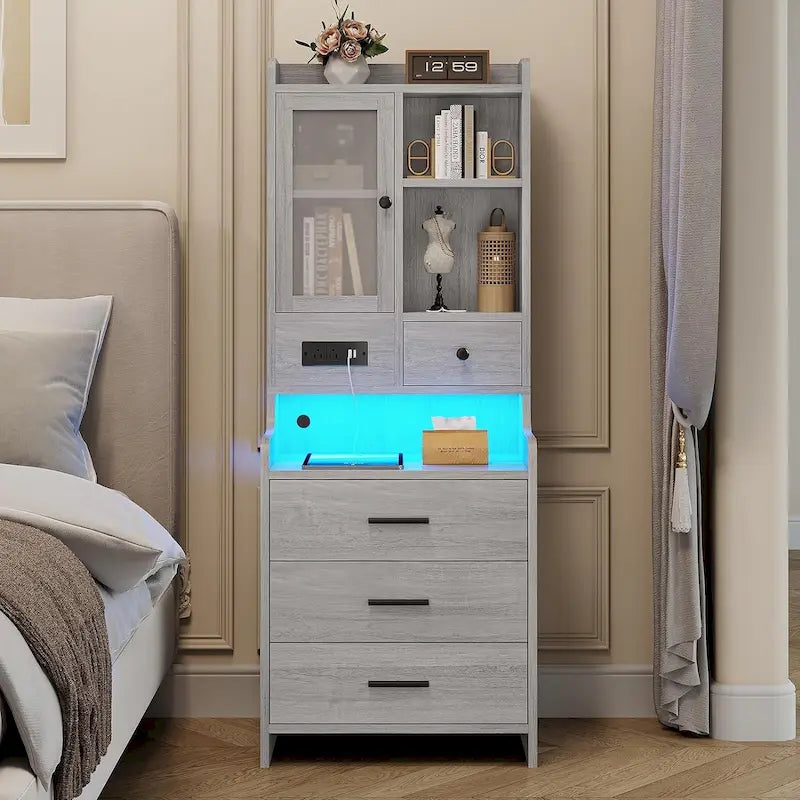 Tall Nightstand with LED Lights, Charging Station, Glass Door and Drawers