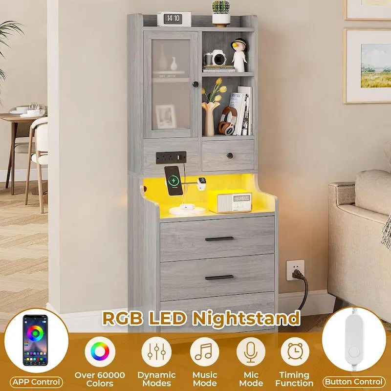 Tall Nightstand with LED Lights, Charging Station, Glass Door and Drawers