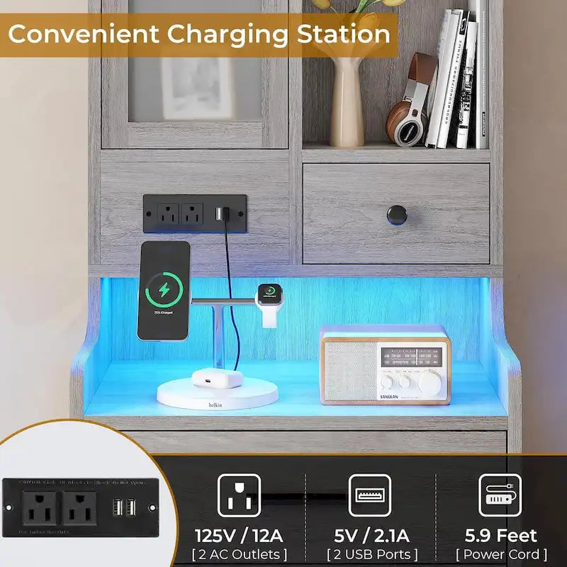 Tall Nightstand with LED Lights, Charging Station, Glass Door and Drawers