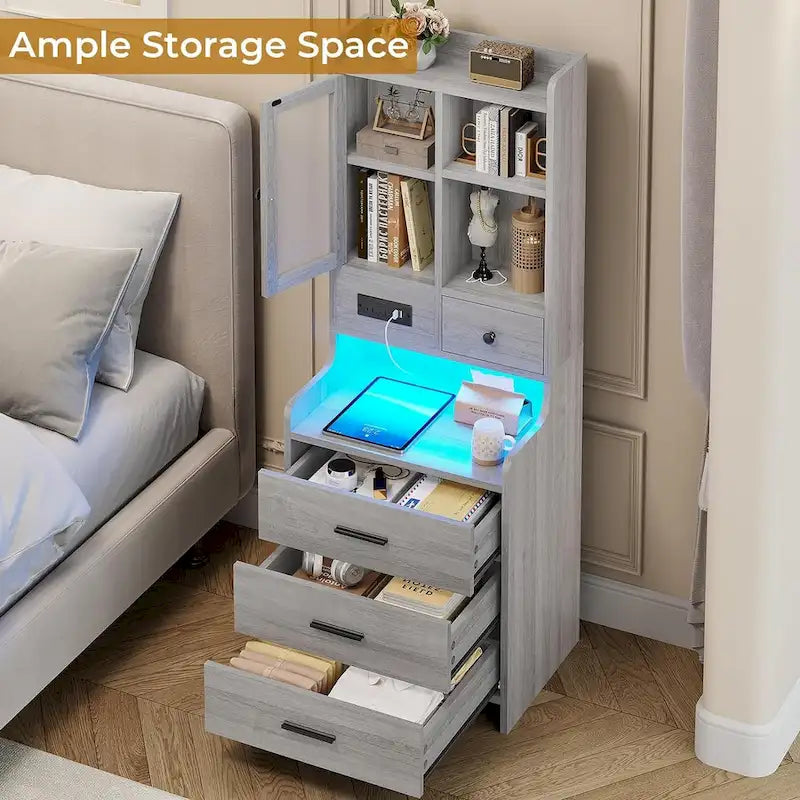 Tall Nightstand with LED Lights, Charging Station, Glass Door and Drawers