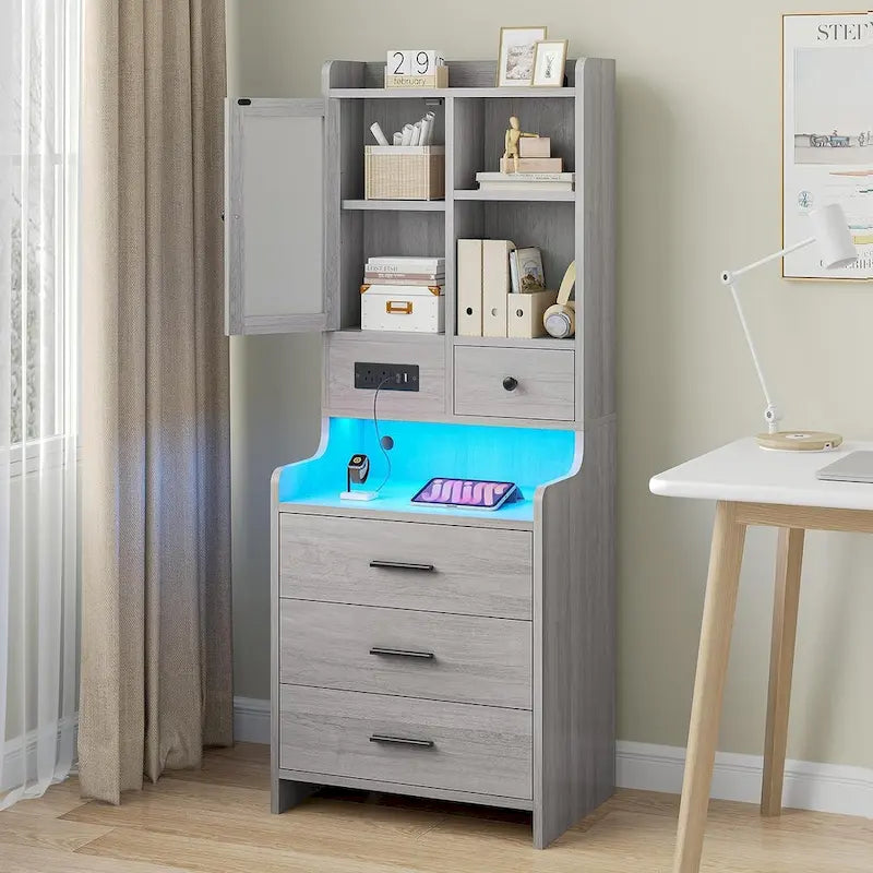 Tall Nightstand with LED Lights, Charging Station, Glass Door and Drawers
