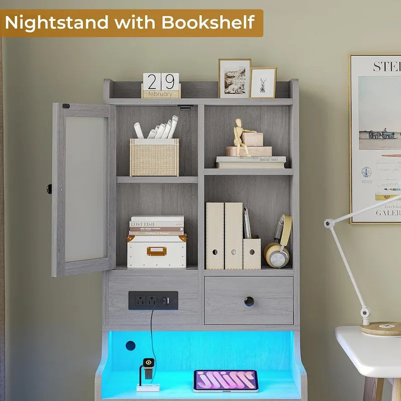 Tall Nightstand with LED Lights, Charging Station, Glass Door and Drawers