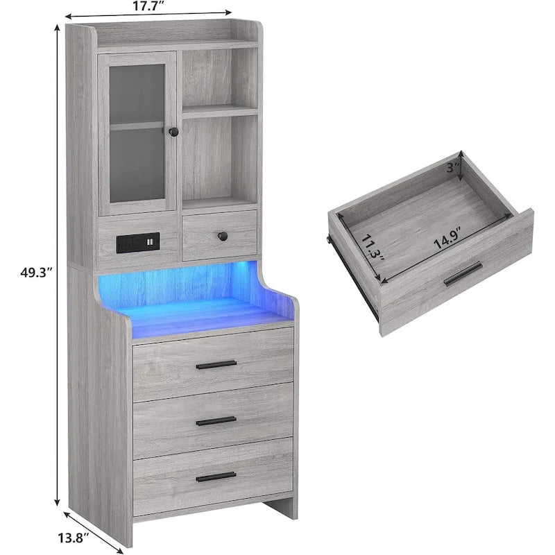 Tall Nightstand with LED Lights, Charging Station, Glass Door and Drawers