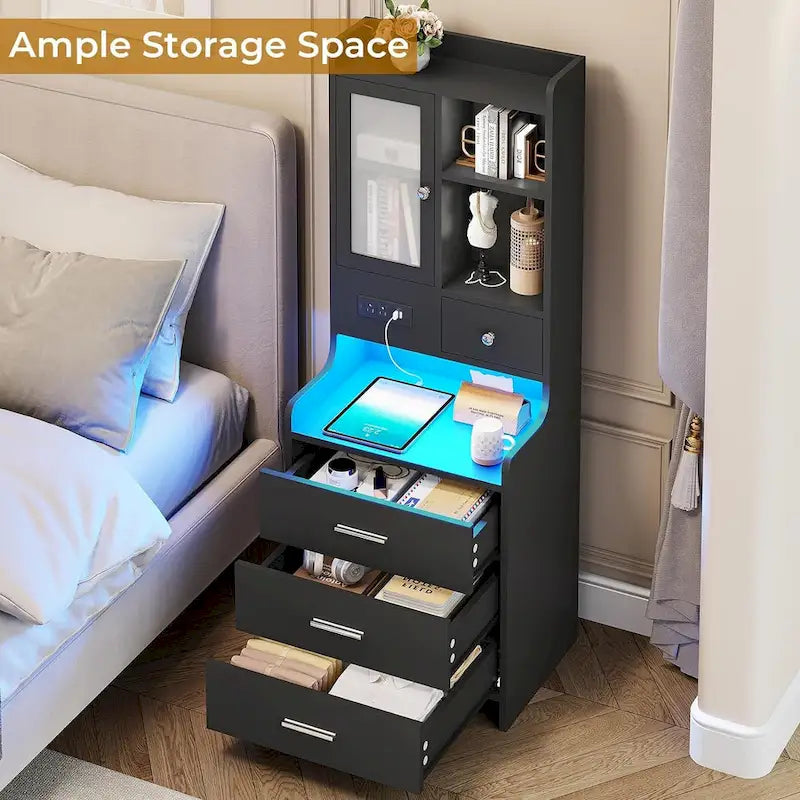 Tall Nightstand with LED Lights, Charging Station, Glass Door and Drawers