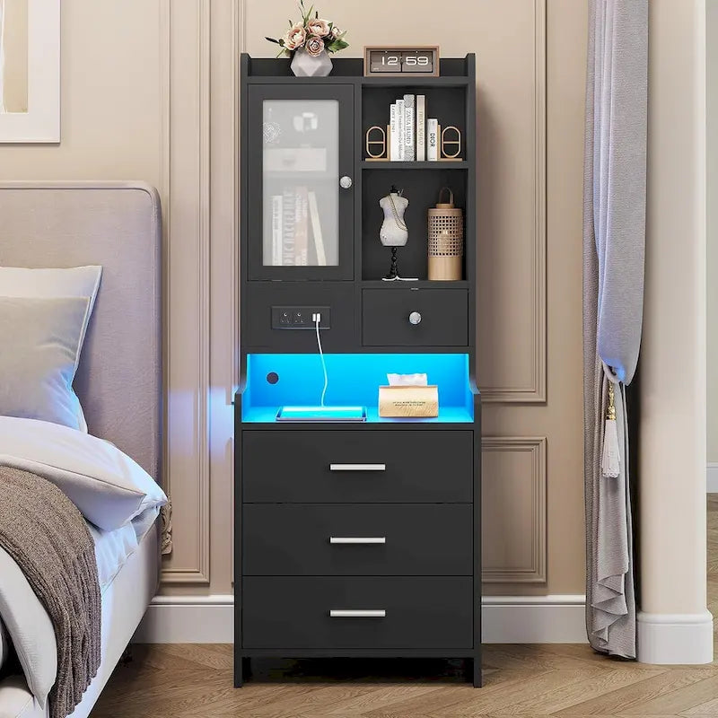 Tall Nightstand with LED Lights, Charging Station, Glass Door and Drawers