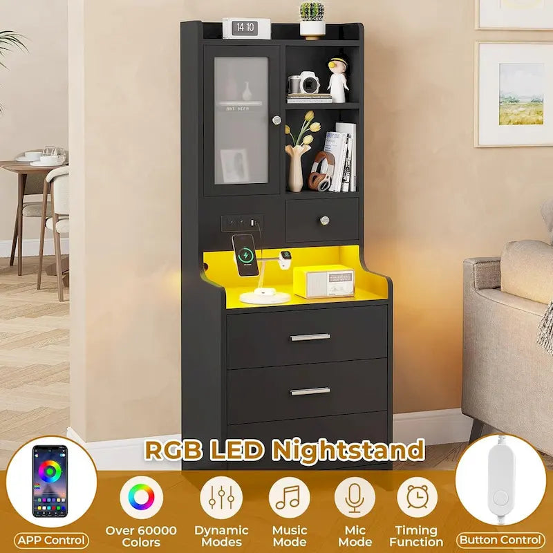 Tall Nightstand with LED Lights, Charging Station, Glass Door and Drawers