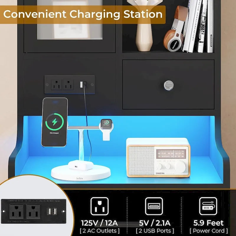 Tall Nightstand with LED Lights, Charging Station, Glass Door and Drawers