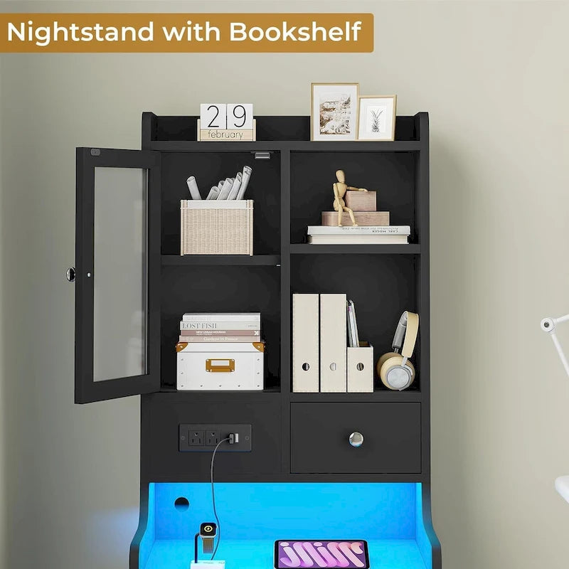 Tall Nightstand with LED Lights, Charging Station, Glass Door and Drawers
