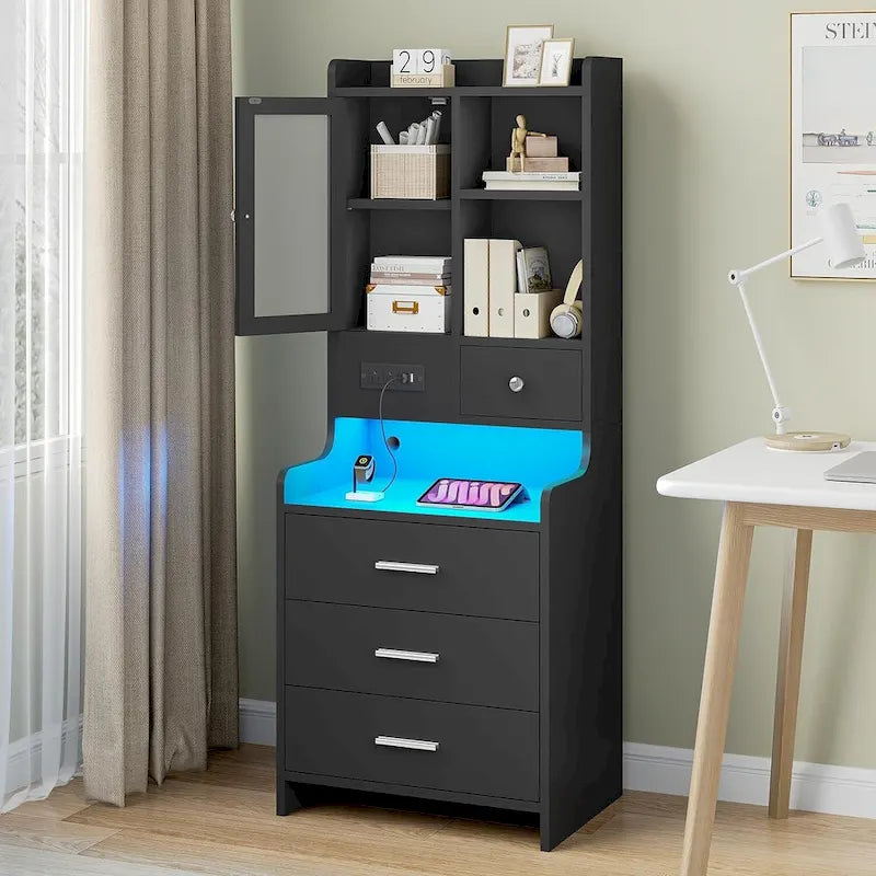 Tall Nightstand with LED Lights, Charging Station, Glass Door and Drawers