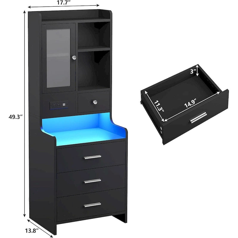 Tall Nightstand with LED Lights, Charging Station, Glass Door and Drawers