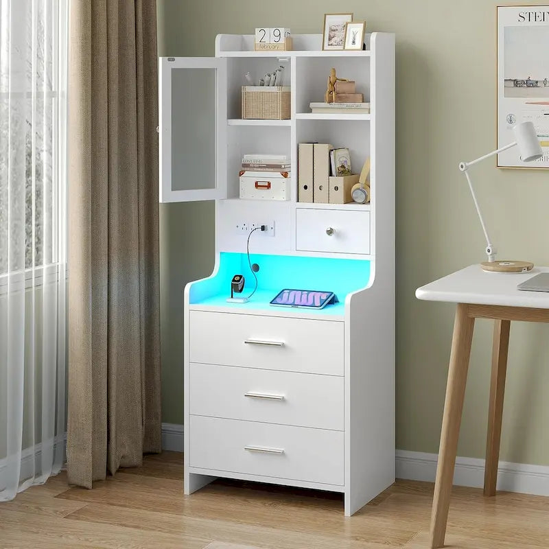 Tall Nightstand with LED Lights, Charging Station, Glass Door and Drawers