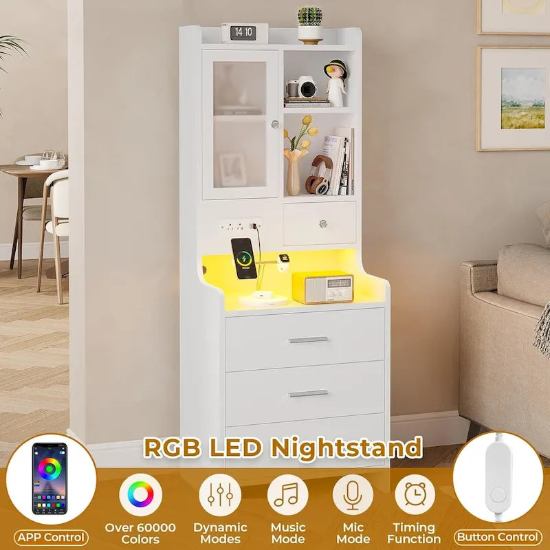 Tall Nightstand with LED Lights, Charging Station, Glass Door and Drawers