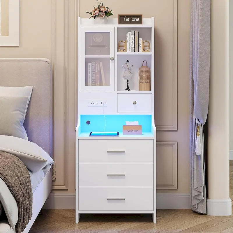 Tall Nightstand with LED Lights, Charging Station, Glass Door and Drawers