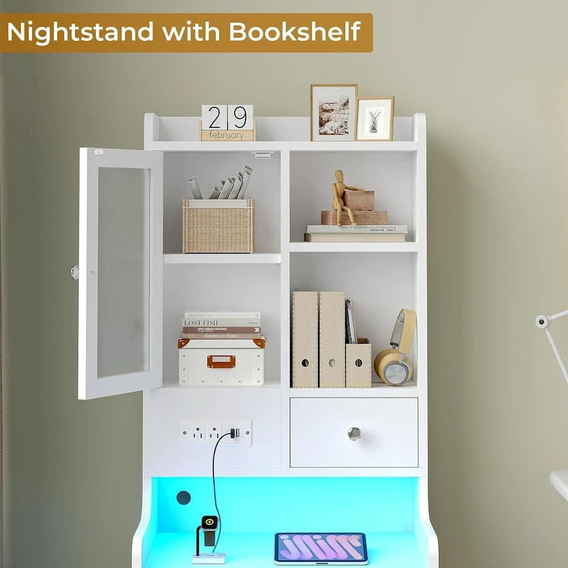 Tall Nightstand with LED Lights, Charging Station, Glass Door and Drawers