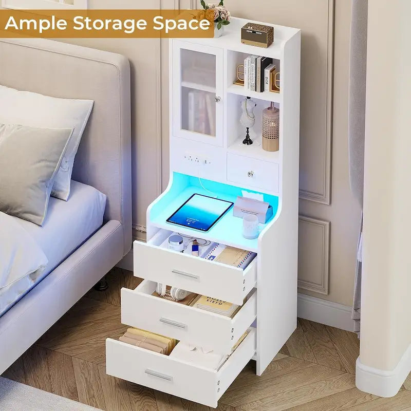 Tall Nightstand with LED Lights, Charging Station, Glass Door and Drawers