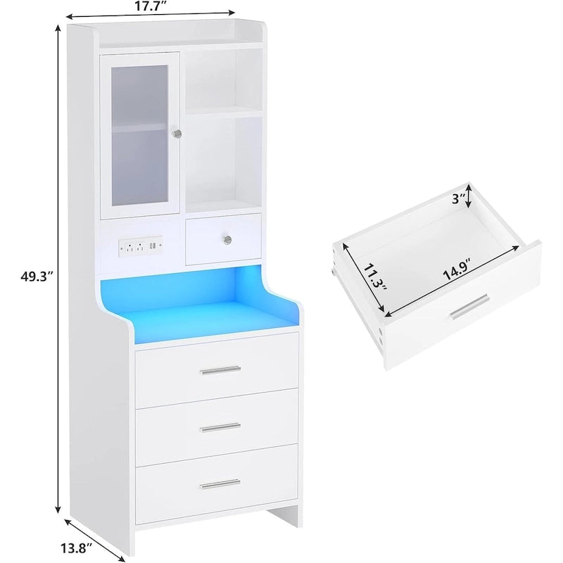Tall Nightstand with LED Lights, Charging Station, Glass Door and Drawers