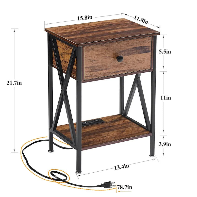 Rustic Brown 1-Drawer Nightstand with Charging Station and Open Shelf
