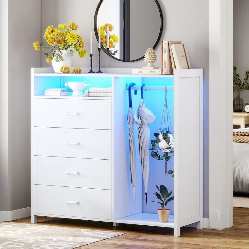 4-Drawer Dresser with Clothing Rack and RGB LED Lights, Open Storage, White or Black
