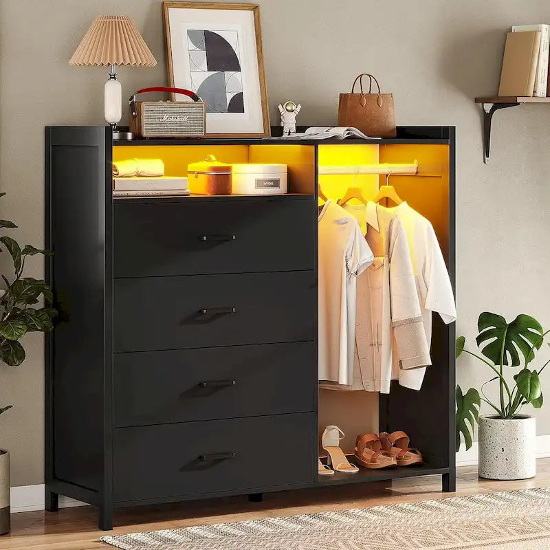 4-Drawer Dresser with Clothing Rack and RGB LED Lights, Open Storage, White or Black