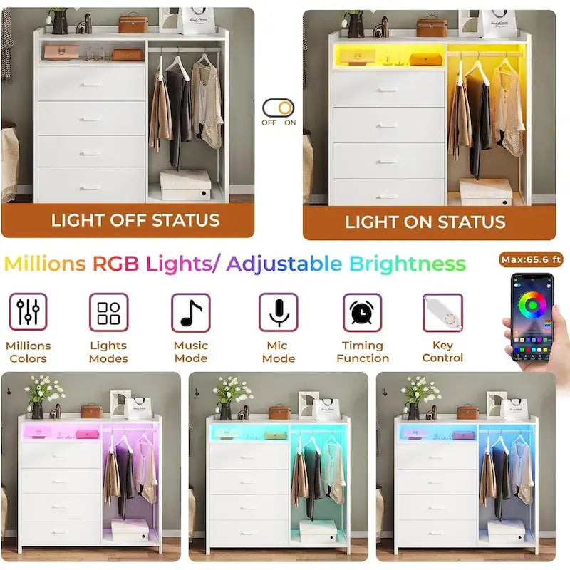 4-Drawer Dresser with Clothing Rack and RGB LED Lights, Open Storage, White or Black