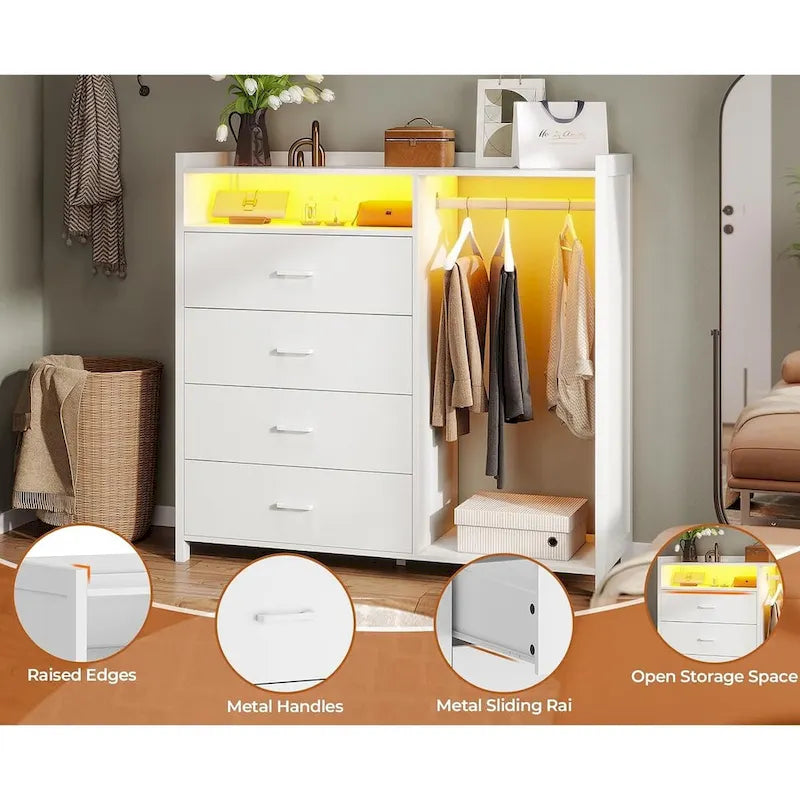 4-Drawer Dresser with Clothing Rack and RGB LED Lights, Open Storage, White or Black
