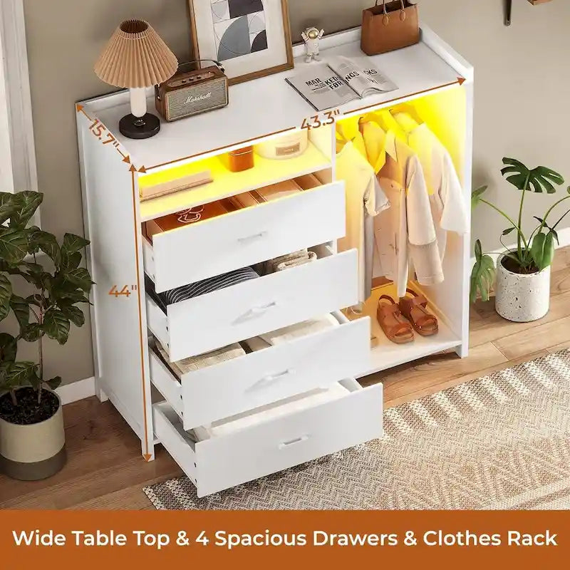 4-Drawer Dresser with Clothing Rack and RGB LED Lights, Open Storage, White or Black