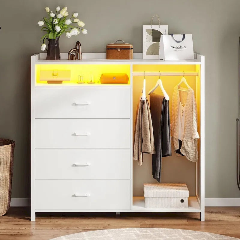 4-Drawer Dresser with Clothing Rack and RGB LED Lights, Open Storage, White or Black