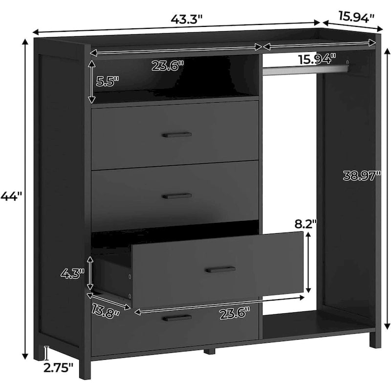 4-Drawer Dresser with Clothing Rack and RGB LED Lights, Open Storage, White or Black