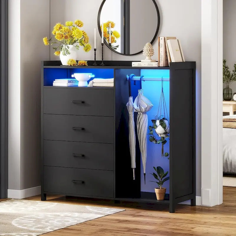 4-Drawer Dresser with Clothing Rack and RGB LED Lights, Open Storage, White or Black