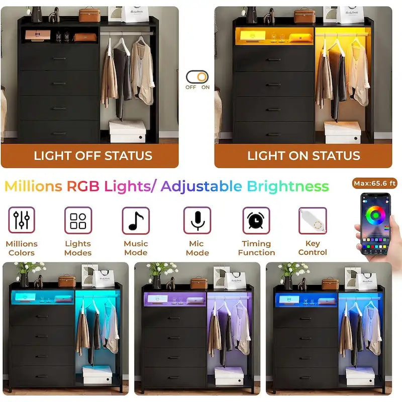 4-Drawer Dresser with Clothing Rack and RGB LED Lights, Open Storage, White or Black