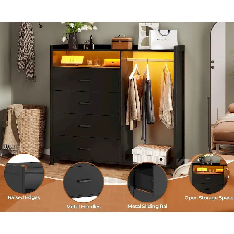 4-Drawer Dresser with Clothing Rack and RGB LED Lights, Open Storage, White or Black
