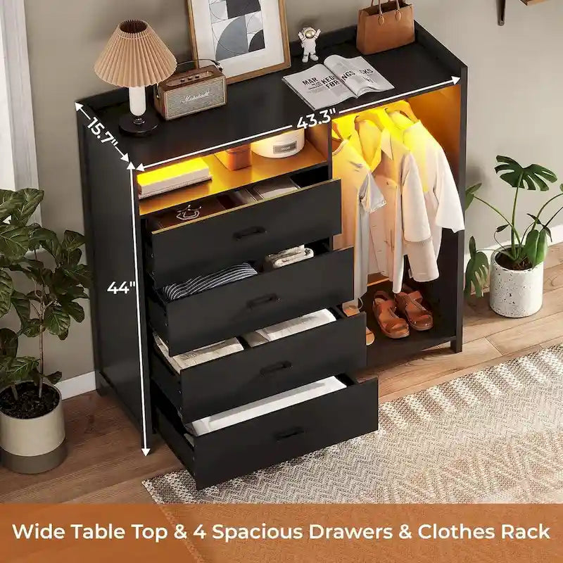4-Drawer Dresser with Clothing Rack and RGB LED Lights, Open Storage, White or Black