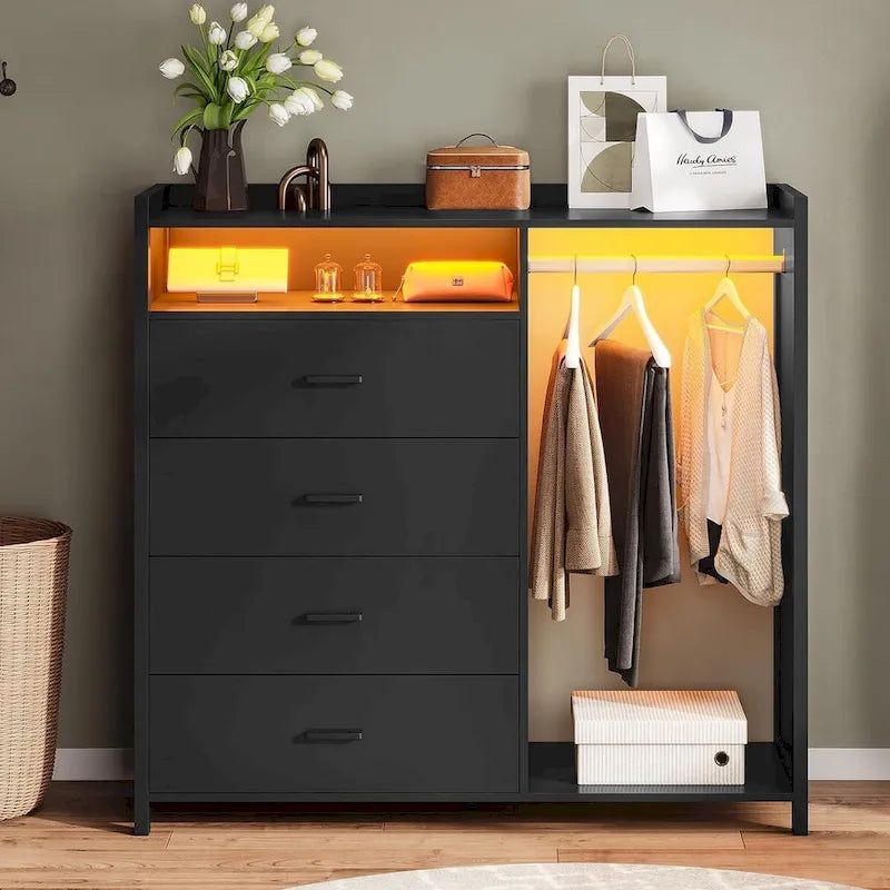 4-Drawer Dresser with Clothing Rack and RGB LED Lights, Open Storage, White or Black